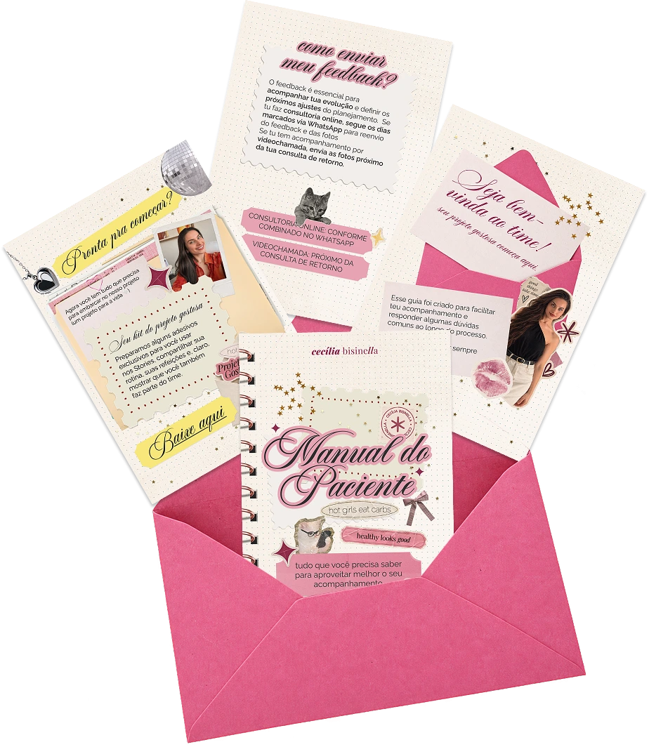 Envelope rosa aberto com quatro páginas do manual da paciente de Cecília Bisinella.